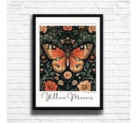 William Morris Butterfly Print, Botanical print, Dark Cottagecore decor, Mid century poster, Flower Market print, nature, illustration, Art Nouveau home deco (A3 Framed (Black))