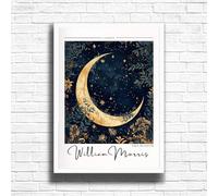 William Morris Crescent moon Print, Botanical print, Dark Cottagecore decor, Mid century poster, Flower Market print, nature, illustration, Art Nouveau home deco (A3 Framed (White))