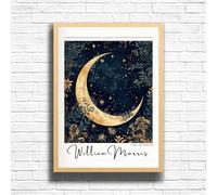 William Morris Crescent moon Print, Botanical print, Dark Cottagecore decor, Mid century poster, Flower Market print, nature, illustration, Art Nouveau home deco (A4 Framed (Oak))