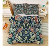 William Morris Duvet Cover Set Birds Strawberries, Navy Blue Vintage Botanical Floral Print Bedding Collection with Floral Pattern, Brushed Microfiber, Single 135x200cm 3 Piece Set with 2 Pillowcases