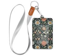 William Morris Floral Black Colorful Leather Security Badge Holder with Lanyard and 3-Card Capacity Card Holders for Staffs Officers Students Doctors Employees