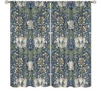 William Morris Floral Curtains, Watercolor Vintage Flower Art Style Room Windows Treatments for Bedroom Living Room, Boho Chic Green Floral Printed Drapes 2 Panel Sets,52x84 Inch