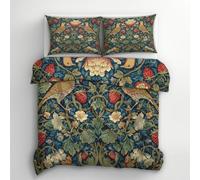 William Morris Floral Duvet Cover Double Bedding Set, Boho Strawberry Thief Pattern, Reversible Design Bedroom Decor Bed Quilt Cover with 2 Pillowcases, Microfiber, Zip - SMK19595