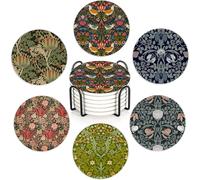 William Morris Floral Set of 6 Coasters Absorbent Ceramic Drink Mats with Cork Base & Metal Holder, Spill Protectors for Mugs/Cups, Cheerful Home/Bar Decor