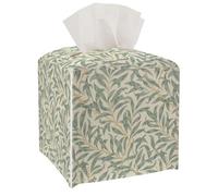 William Morris Floral Tissue Box Cover - Vintage Style 5.2 x 5.2Inch PU Leather Holder with Elastic Strap for Bathroom, Bedroom, Office Desk & Nightstand (Beige-Leaves)