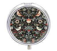 William Morris Flowers Birds On Dark Iron Pill Box Case Organizer with Internal Separate Plastic Dividers, Travel Small Medicine Bag Holder Carrier Round Container