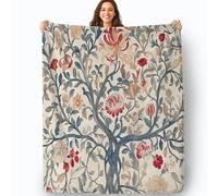 William Morris Flowers Sherpa Fleece Throw Blanket, Soft Warm Flannel Fleece Blanket, 130 x 150 cm Cosy Fluffy Throw Blankets Sofa Bed Couch Home Decor Blue Botanical Vintage Red Floral Pattern, Cream