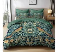 William Morris Forest Birds Flowers Reversible Duvet Cover Set Green Duvet Set 230x220cm 3 PCS Print Bedding Set Soft Microfiber Easy Care Quilt Cover with 2 Pillow Cases