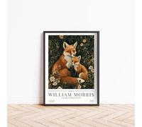 William Morris Fox Print, Fox Family Print, William Morris Exhibition Poster, Animal Floral Art Nouveau Minimalist Home Decor, Modern Living Room Framed Print (A4- FRAMED (Black))