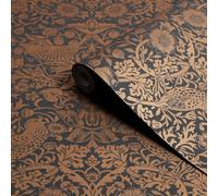 William Morris Gallery Collection Fibrous Charcoal Strawberry Thief Metallic Effect Smooth Wallpaper
