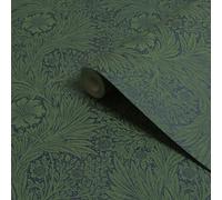 William Morris Gallery Collection Fibrous Green Marigold Metallic Effect Smooth Wallpaper
