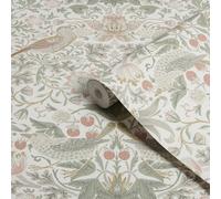 WILLIAM MORRIS AT HOME Strawberry Thief Sage & Pink Wallpaper | Paste The Wall | Green Bird | Eco-Friendly