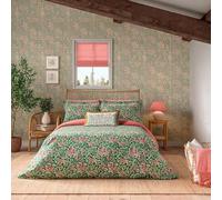 William Morris Honeysuckle Bedding in Evergreen & CoralBedding: Duvet Cover & 2 Oxford Pillowcase Set, Double 200x200cm