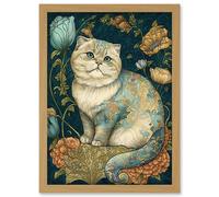 William Morris Inspired Cute Cat with Floral Pattern Fur and Flowers Colourful Modern Illustration Artwork Framed Wall Art Print A4 Artery8 Light Oak One Size