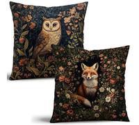 William Morris Inspired Fox & Owl Pillow Cover Set of 2 - Vintage Floral Art Throw Pillowcase - Farmhouse Decor for Couch, Sofa, Bed - Living Room Home Decor Gift (Reddish-brown, 18x18inches)