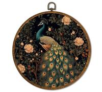 William Morris Inspired Vintage Round Wall Art, Vintage Peacock Canvas Prints with Floral Design, Animal Wall Art Framed Decor for Home, Bathroom, Living Room, Bedroom 10x10inch (Peacock)