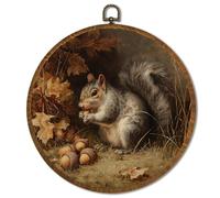 William Morris Inspired Vintage Round Wall Art, Vintage Squirrel Canvas Prints with Floral Design, Floral Animal Wall Art Framed Decor for Home, Bathroom, Living Room, Bedroom 10x10inch(Brown Squirrel
