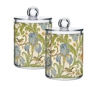 William Morris Iris and Bird Clear Plastic storage organizer with lid Bathroom Essentials Decorative Dental floss storage jar for Cotton Swabs,Cotton Pads,Floss Picks,Paper Clips,Hair Clips 2 Pack