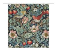 William Morris Shower Curtain,Original Design Strawberry Thief Green Flower Birds Pattern Print Shower Curtains Sets Polyester Waterproof Fabric Decor Bathroom Curtain 72"×72" Inch With 12 Hooks