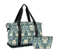 William Morris Skull Teal Weekender Overnight Bag with Wet Pocket Adjustable Strap Large Gym Bag for Airplane Traveling Multifunctional for men women