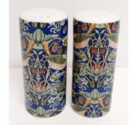 William Morris Strawberry Thief Blue Salt & Pepper Set Round Porcelain Shakers Birds Garden Fantasy Hand Decorated UK