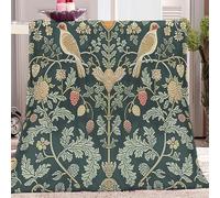 William Morris Strawberry Thief Pattern Soft Flannel Fleece Blanket for Nursery and Travel, 70x100 cm Green Cozy Throw Blanket, Warm Fuzzy Bedding for Toddlers and Kids Bedroom Decor.