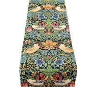 William Morris Strawberry Thief Tapestry Table Runner in Black. Classic Arts and Crafts Botanical Style. Available in Two Sizes (30cm x 180cm)