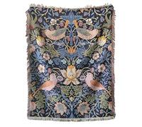 William Morris Strawberry Thief Throw Blanket with Tassels, Cotton Woven Throw for Couch and Bed, Floral & Birds Art Tapestry Wall Hanging Size 48"x60" (120x150cm)