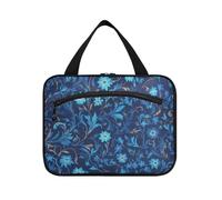 William Morris Style Blue Floral Pattern Hanging Travel Makeup Bag Large with Hook, Designer Chic case for toiletries for Ladies Backpacking bolso para maquillaje L