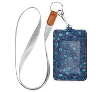 William Morris Style Blue Floral Pattern Leather Badge Holder Cute with Lanyard and 3-Card Capacity Name Card Holders for Office Shcool Hospital & Driver Licence