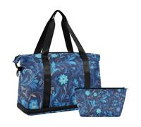 William Morris Style Blue Floral Pattern Weekend Bag with Wet Pocket Adjustable Strap Sports Tote Gym Bag for Yoga Large Capacity for Men Women