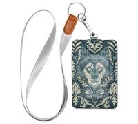 William Morris Style Design Wolf Teal Vertical id Badge Holder with Lanyard and 3-Card Capacity Card Holder case for Staffs Officers Students Doctors Employees