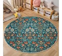 William Morris Style Round Rugs 100cm for Living Room, Red-Orange Circle Area Rugs with Non Slip Backing, Washable Soft Blue Flowers Leaves Printed Carpet for Bedroom Kids Room Entryway