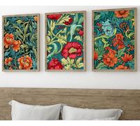 William Morris Style Set of 3 Unframed Prints, Art Nouveau Home Decor, Vintage Art, Botanical Flower Poster, Digital Art, Blue Green Red Orange (A4)