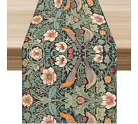 William Morris Table Runner, Vintage Rustic Green Old Flower Flower Plant Leaf Nature Bird Table Decor Tabletop Dining Kitchen Wedding Party 13x120 Inch