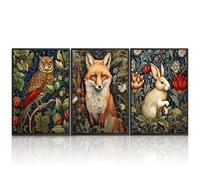 William Morris Wall Art Gothic Animal Wall Decor Fox Owl Rabbit Large Canvas Wall Art for Living Room Vintge Floral Botanical Pictures Prints Moody Dark Academia Artwork12"X16"X3PCS Unframed