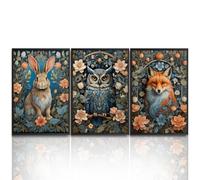 William Morris Wall Art Gothic Animal Wall Decor Large Blue Canvas Wall Art for Living Room Fox Owl Rabbit Painting Prints Dark Academia Artwork Moody Botanical Picture 16"X24"X3PCS Unframed
