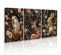William Morris Wall Art Prints Gothic Animal Large Moody Floral Framed Canvas Wall Art for Living Room Forest Hedgehog Deer Rabbit Painting Artwork Dark Academia Black Wall Decor 12"X16"X3PCS