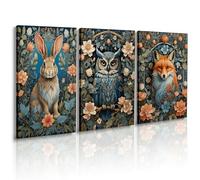 William Morris Wall Art Prints Gothic Animal Wall Decor Forest Fox Owl Rabbit Framed Canvas Wall Art for Living Room Dark Academia Artwork Moody Blue Botanical Picture16 x24 X3PCS