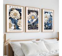 William Morris Wall Art Set of 3 Blue Peony Poster Aesthetic Canvas Wall Art Decor Vintage Prints Landscape Exhibition Pictures Flower Market Paintings Art for Room Bedroom Decor 16x24 inch Unframed