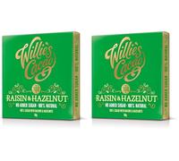 Willie's Cacao - 100% Cocoa with Hazelnut & Raisin - No Added Sugar Chocolate bar - 50g - Naturally sweetened with fruit and nuts - Vegan - Artisan made (Pack of 2)