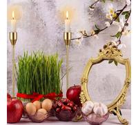 Willinglong 10 Pcs Nowruz New Year Haft Seen Set Antique Gold Resin Frame Decorative Mirror with Golden Candlesticks and Mini Glass Bowls for Nowruz Haft-sin Table Setting Tradition Decor