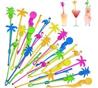 Willinglong 100 Assorted Tropical Swizzle Sticks Bar Cocktail Stirrers Luau Palm Tree Flamingo Fun Reusable Novelty Beverage Cocktail Margarita Tiki Drink Stirring Sticks for Birthday Wedding Party