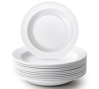 Willinglong 12 Pcs Plastic Plates 14 oz Pasta Bowls Wide Rim Deep Soup Plates White Salad Dishes for Dinner Wedding Party Supplies, 9 Inch, Fridge and Dishwasher Safe(Not Microwaveable)