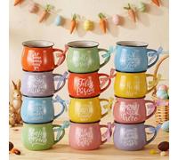 Willinglong 12 Pieces Easter Mugs 12 oz Coffee Ceramic Mug with Ribbon Colorful Love Words Coffee Cup Tiered Tray Decor for Anniversary Wedding Table Centerpieces
