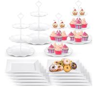 Willinglong 14 Pcs Dessert Table Stands Set 3 Tier Plastic Cupcake Stands Cookie Display Tower Gold Rim Dessert Serving Tray for Party Wedding Birthday Bridal Baby Shower (White)