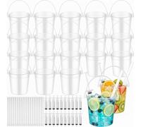 Willinglong 20 Set 32oz Clear Plastic Rum Buckets for Drink with Straws and Lids Beverage Syringes Drink Buckets with Handle Reusable Punch Bowls for Rum Wine Beer Cocktail Beverage Summer Party