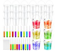 Willinglong 20 Set 32oz Clear Plastic Rum Buckets for Drink with Straws Beverage Syringes Drink Buckets for Parties with Handle Reusable Punch Bowls for Rum Wine Beer Cocktail Beverage Party(Frosted)