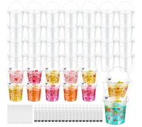 Willinglong 20 Set 32oz Clear Plastic Rum Buckets for Drink with Straws Beverage Syringes Drink Buckets for Parties with Handle Reusable Punch Bowls for Rum Wine Beer Cocktail Beverage Party(Frosted)