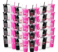 Willinglong 60 Pack Breast Cancer Awareness Gifts Plastic Cups with Lids and Straws 24oz October Pink Ribbon Tumblers in 12 Designs Party Favor Supplies for Women Events Fundraisers Office